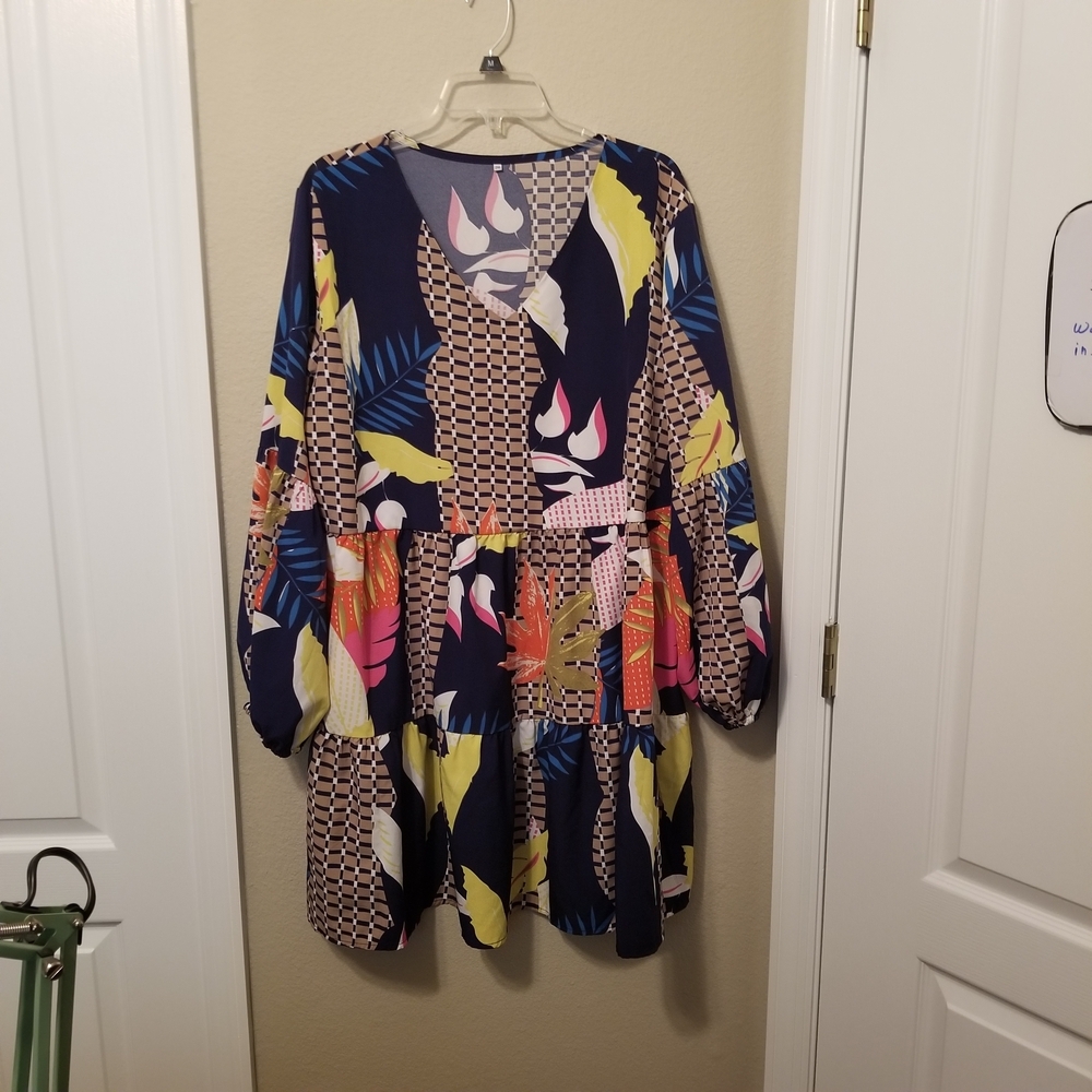 Women Summer Tunic V Neck Shift Dress Printed Geometry Size 2XL